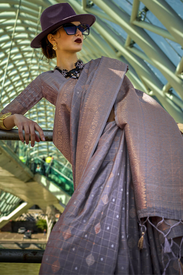 Slate Grey Zari woven Banarasi Katan Silk Saree