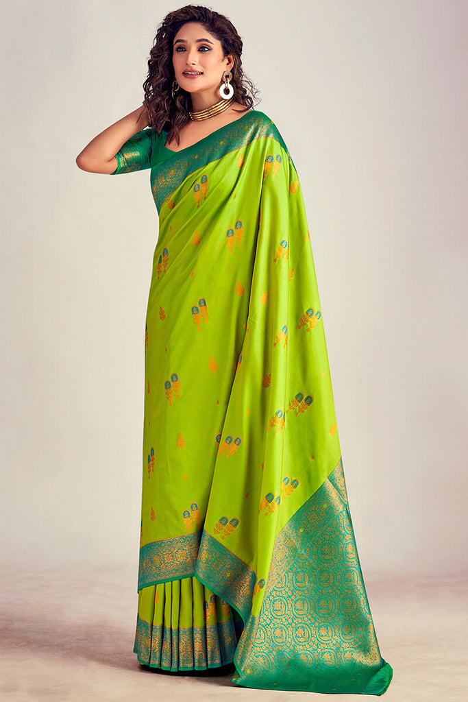 Slime Green Soft Banarasi Silk Saree