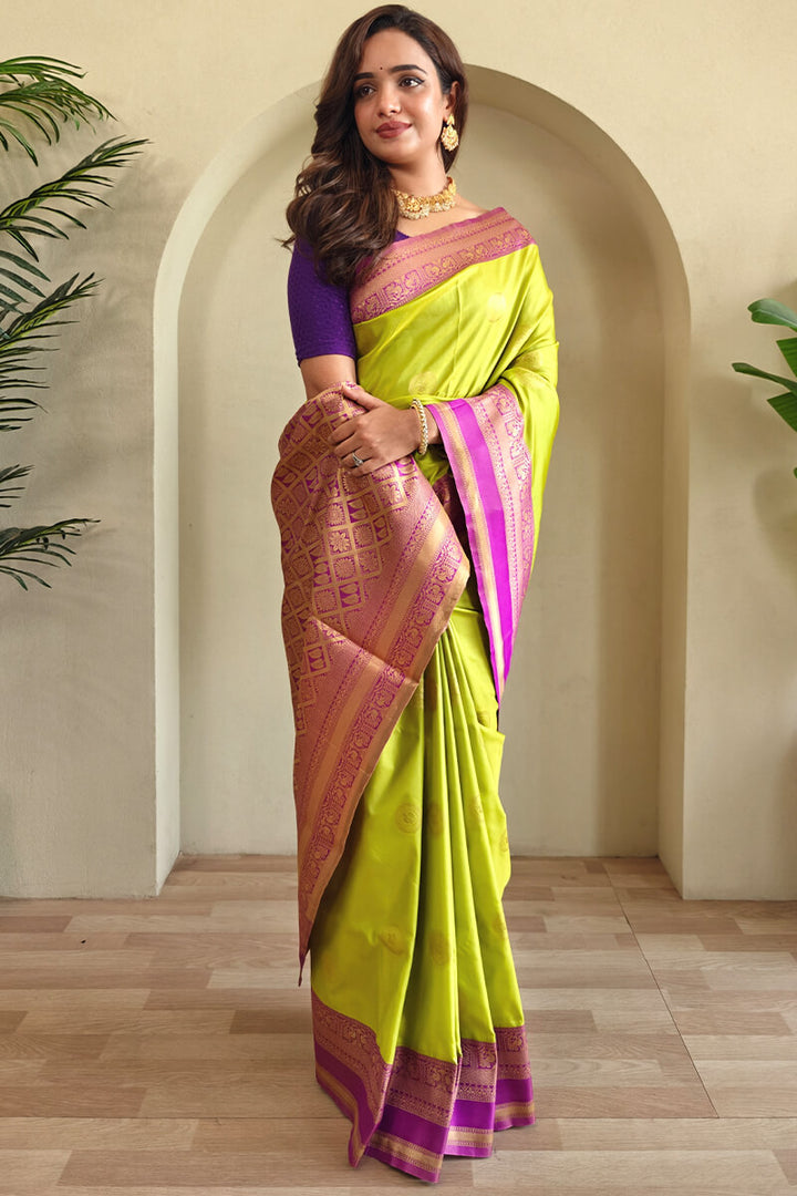 Slime Green Zari Woven Soft Banarasi Silk Saree