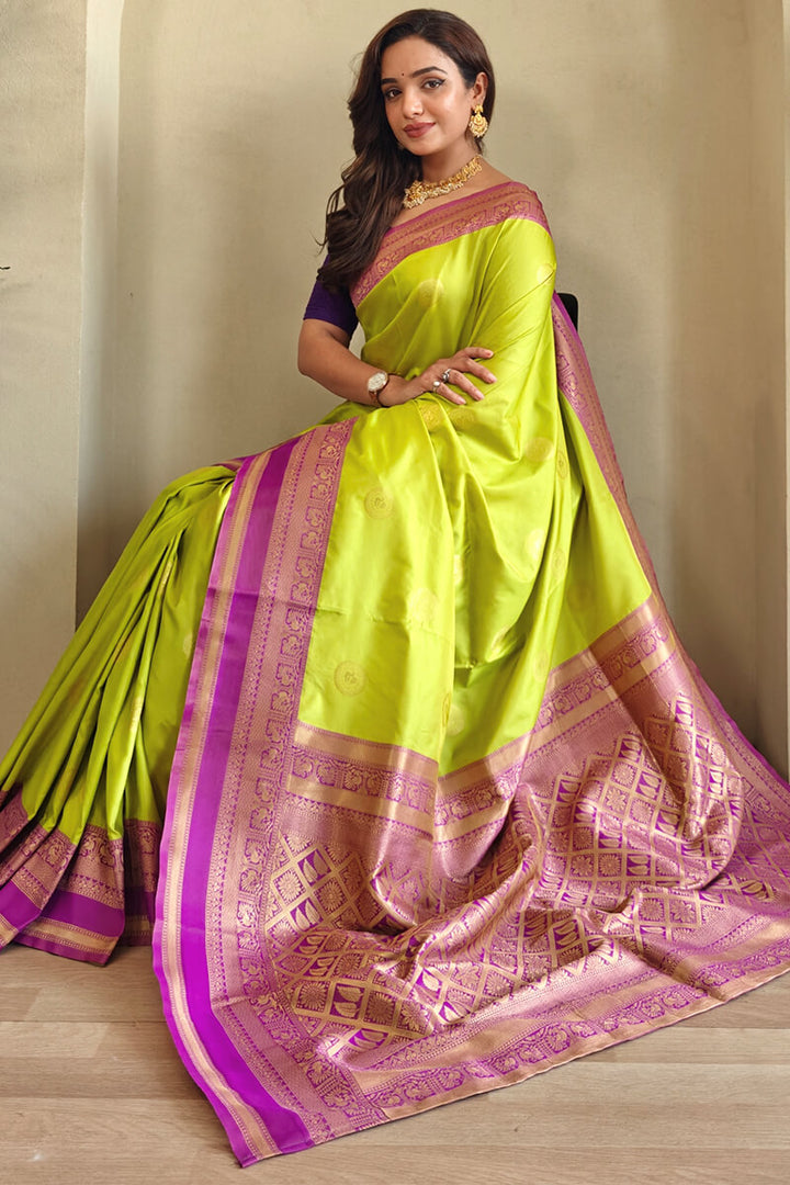 Slime Green Zari Woven Soft Banarasi Silk Saree