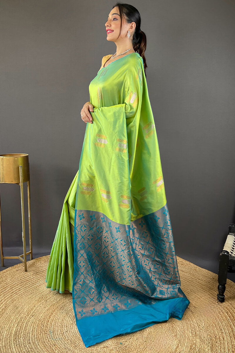 Slime Green Zari Woven Soft Silk Saree