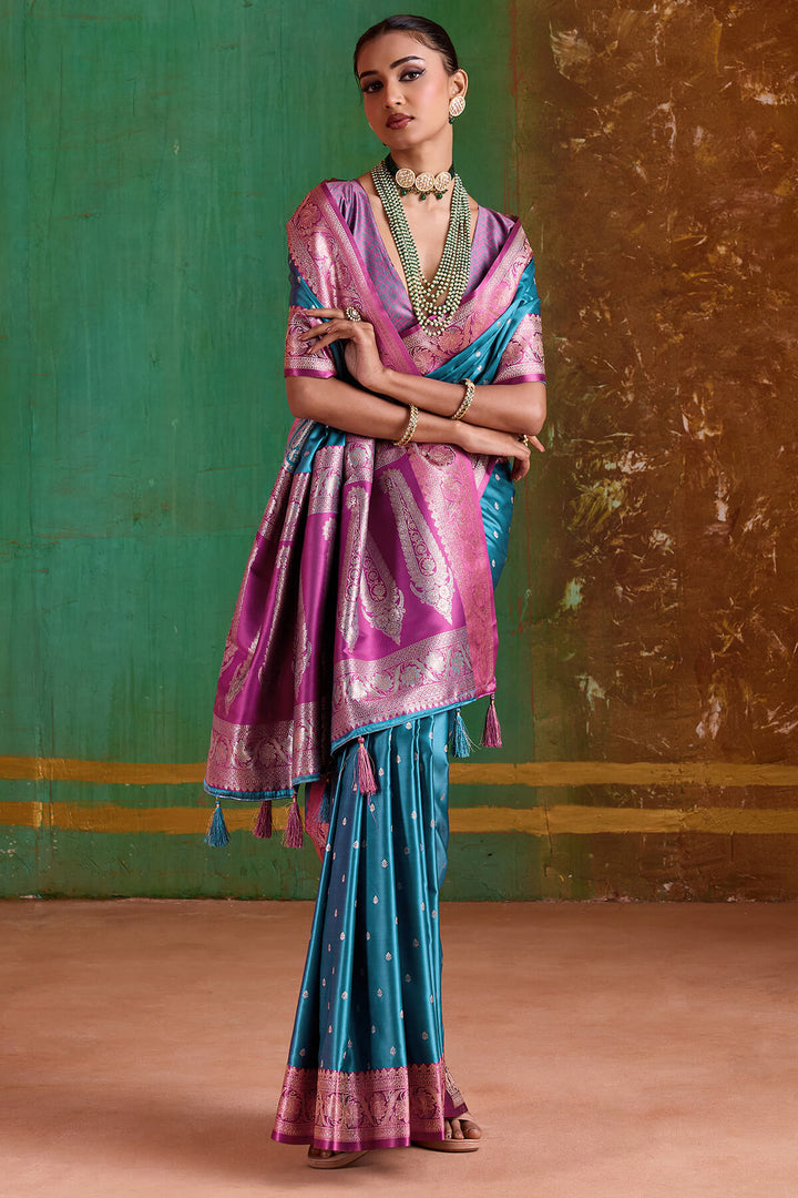 Smalt Blue Banarasi Satin Silk Saree