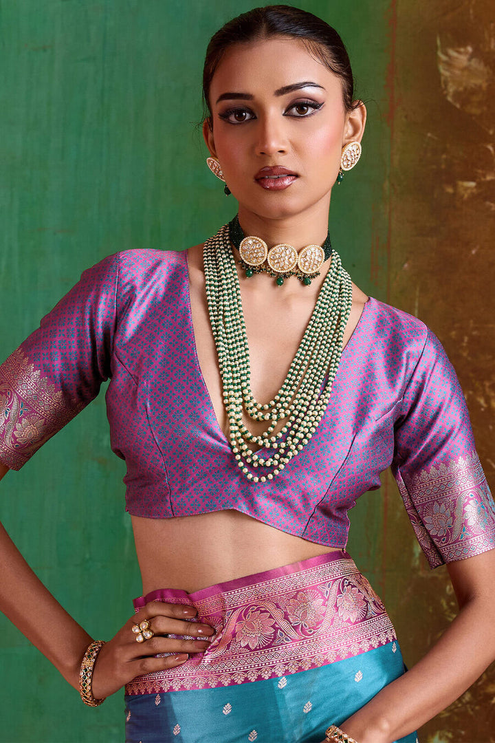 Smalt Blue Banarasi Satin Silk Saree