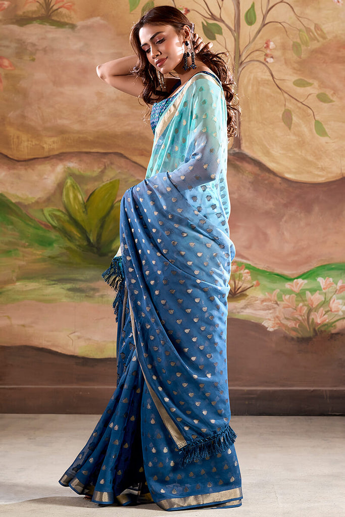 Smalt Blue Georgette Banarasi Silk Saree