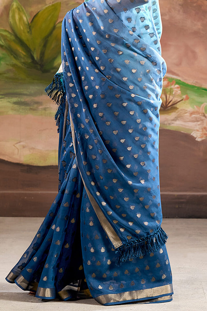 Smalt Blue Georgette Banarasi Silk Saree