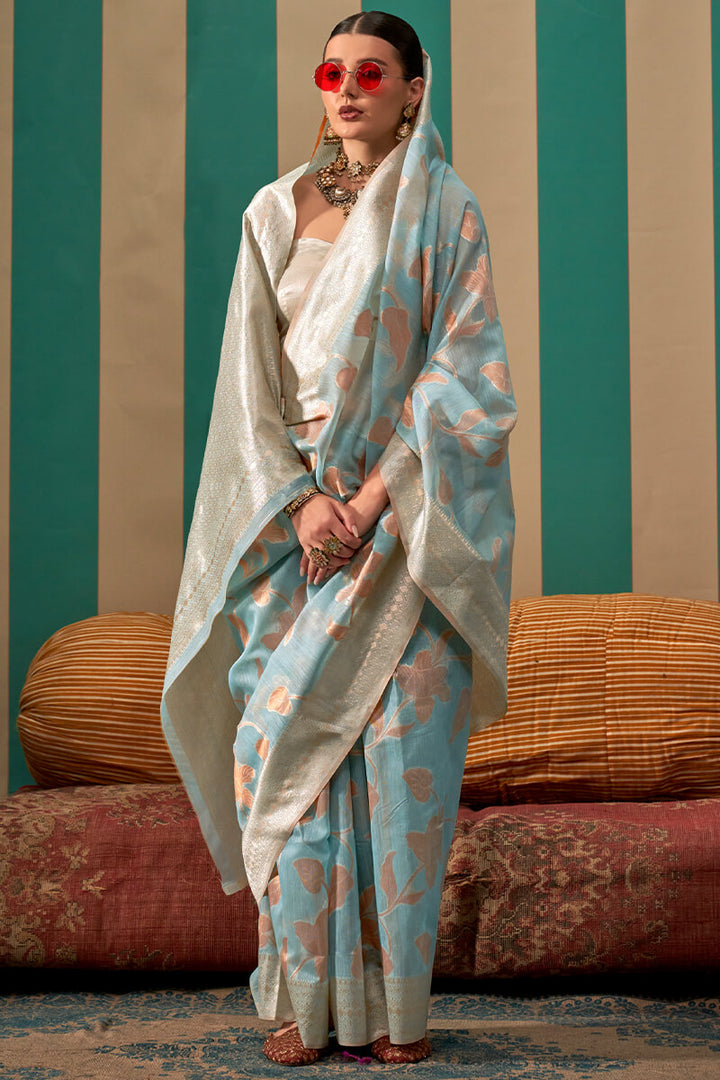 Smalt Blue Handloom Linen Silk Saree