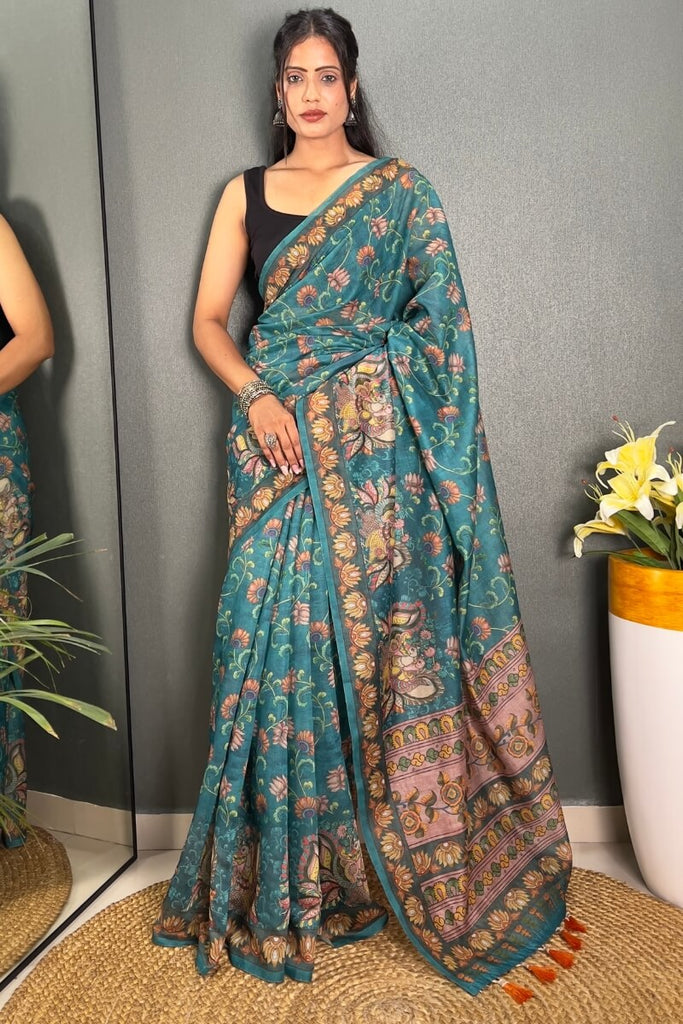 Smalt Blue Printed Chanderi Silk Saree