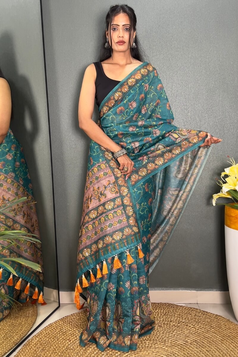 Smalt Blue Printed Chanderi Silk Saree