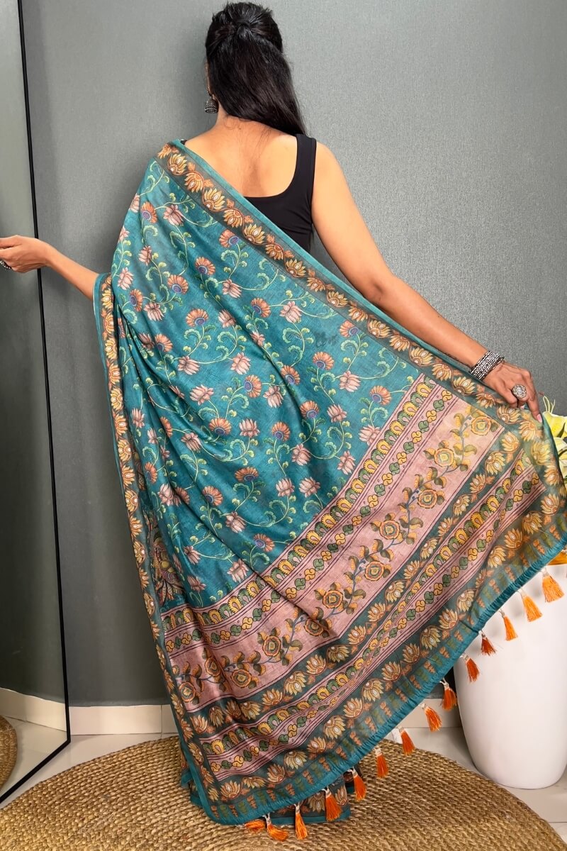 Smalt Blue Printed Chanderi Silk Saree