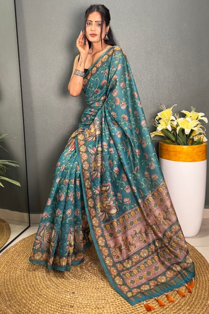 Smalt Blue Printed Chanderi Silk Saree