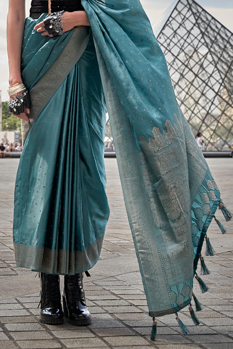 Smalt Blue Zari Woven Banarasi Satin Silk Saree