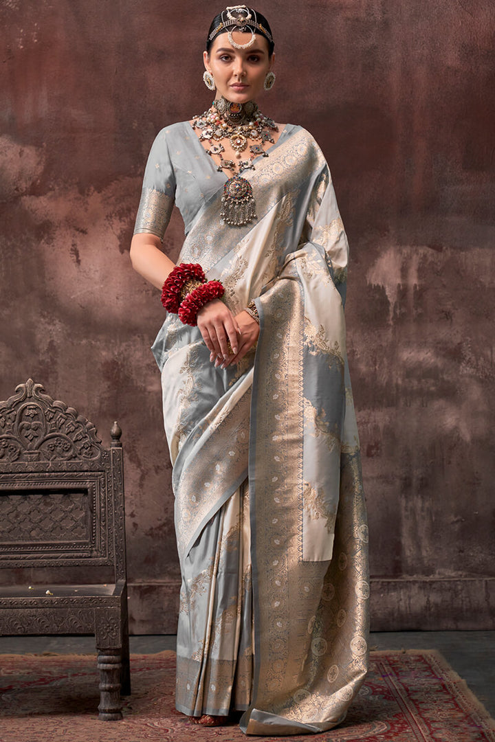 Smokey Grey Handloom Banarasi Silk Saree