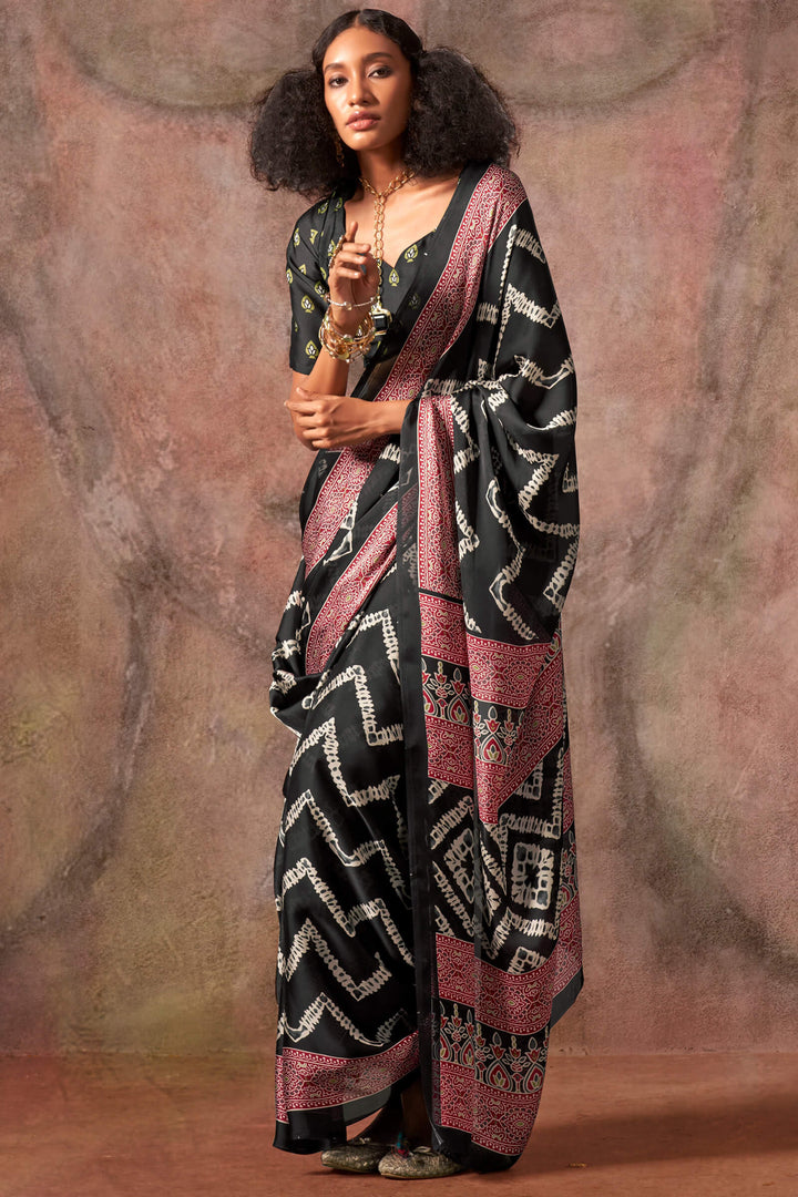 Smoky Black Ajarkh Printed Satin Georgette Silk Saree