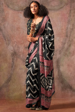 Smoky Black Ajarkh Printed Satin Georgette Silk Saree