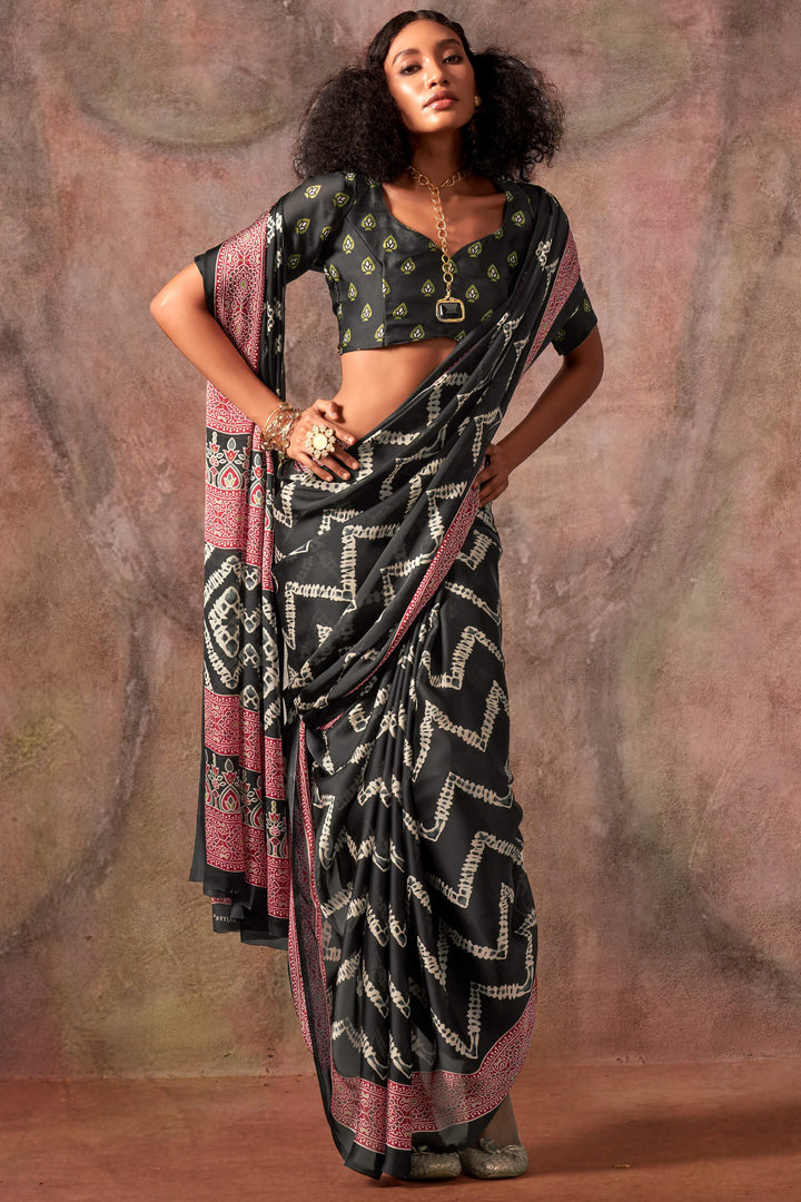 Smoky Black Ajarkh Printed Satin Georgette Silk Saree