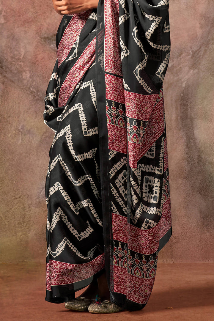 Smoky Black Ajarkh Printed Satin Georgette Silk Saree