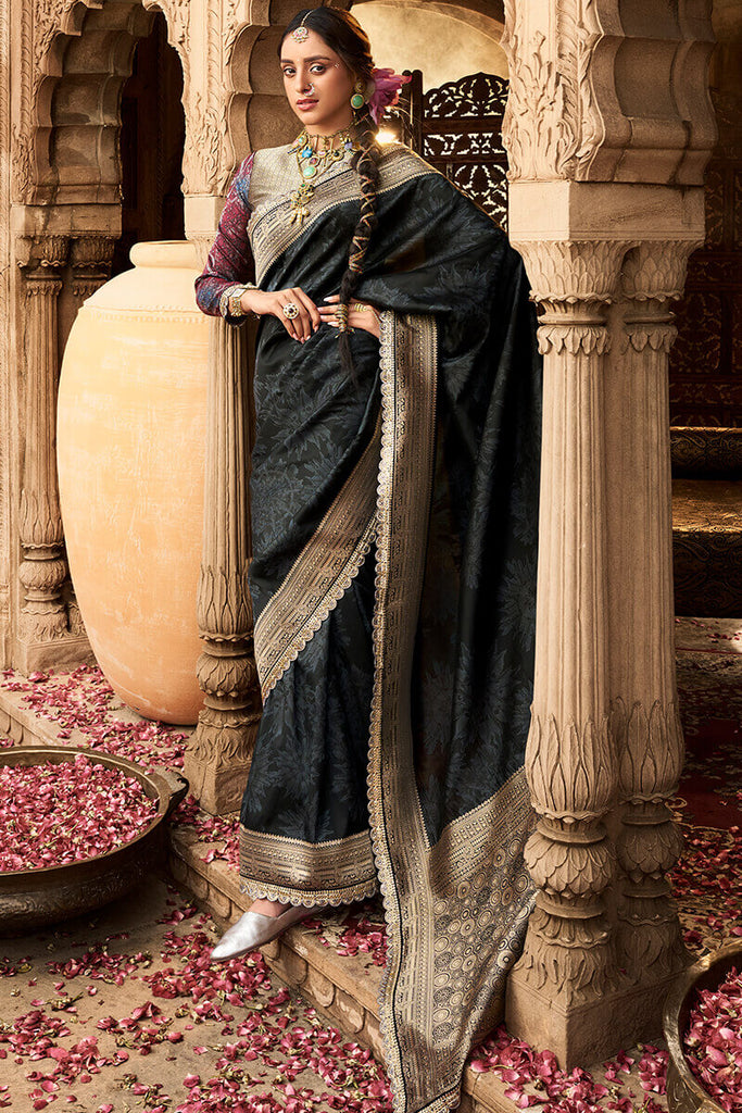Smoky Black Banarasi Fancy Silk Saree with Lace Border