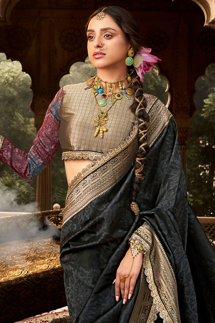Smoky Black Banarasi Fancy Silk Saree with Lace Border