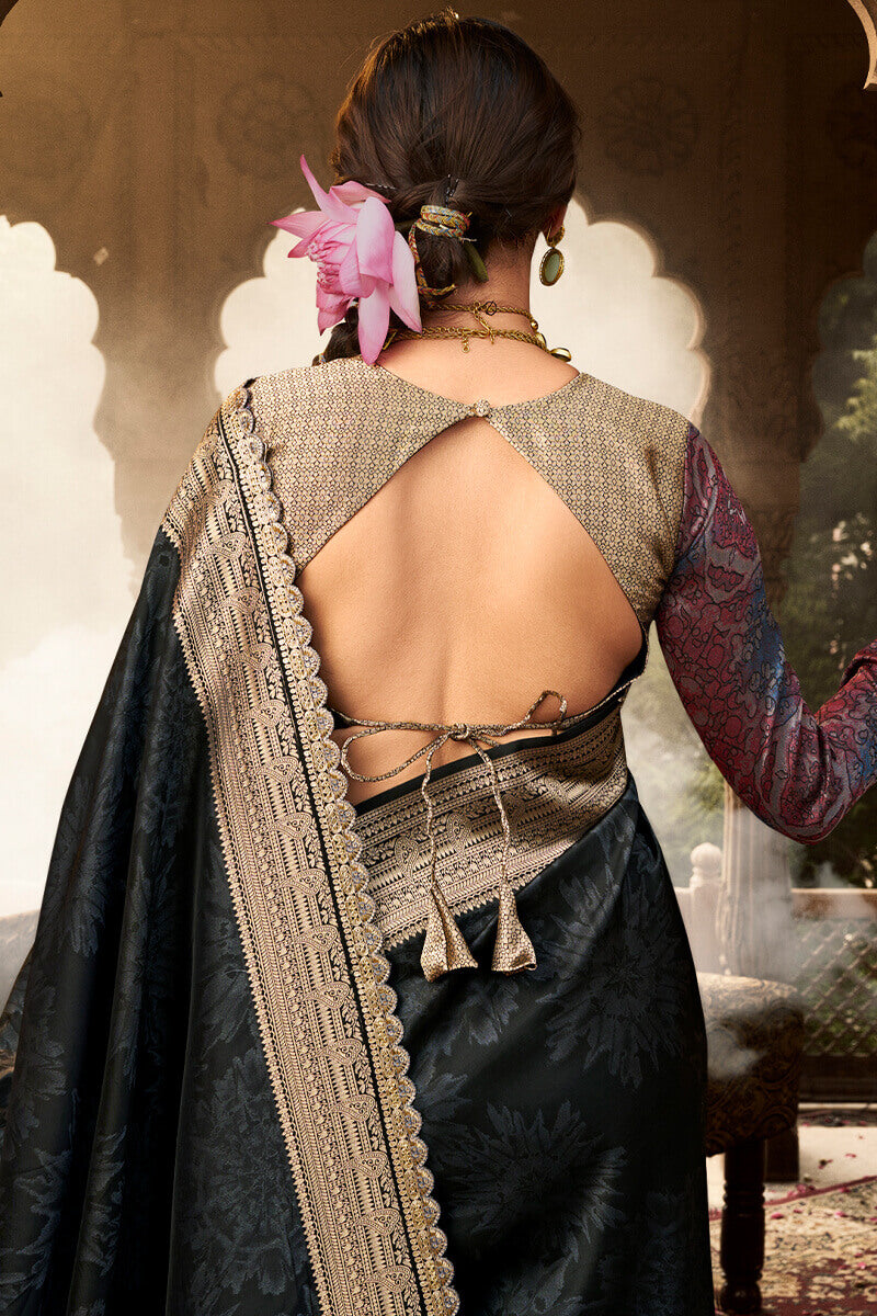 Smoky Black Banarasi Fancy Silk Saree with Lace Border