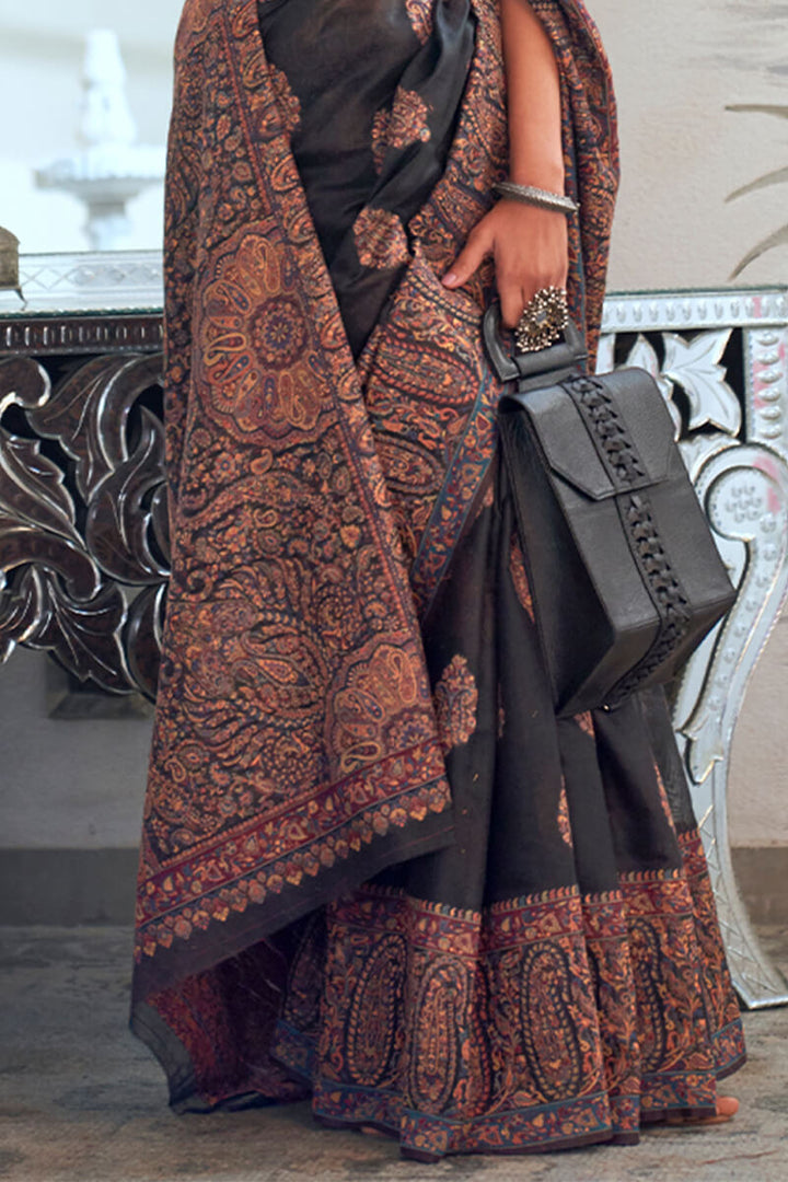 Smoky Black Kashmiri Modal Pashmina Silk Saree