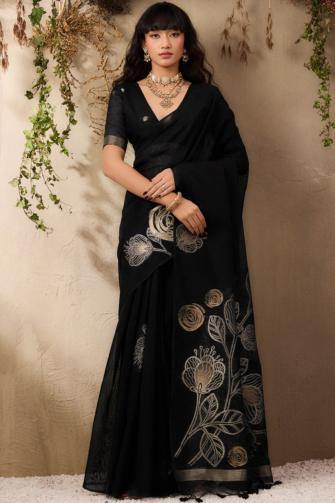 Smoky Black Munga Silk Saree