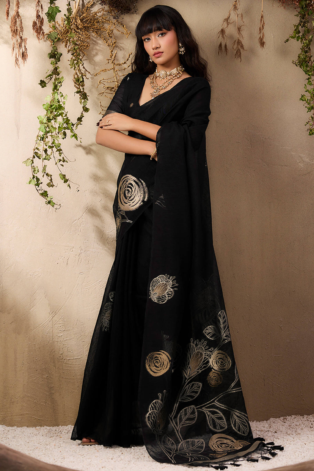 Smoky Black Munga Silk Saree