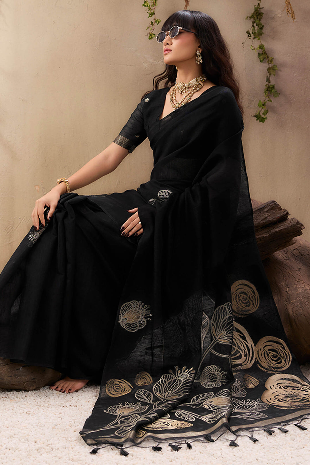 Smoky Black Munga Silk Saree