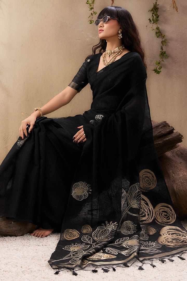 Smoky Black Munga Silk Saree