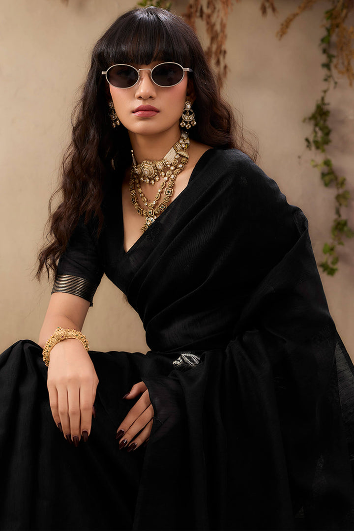 Smoky Black Munga Silk Saree