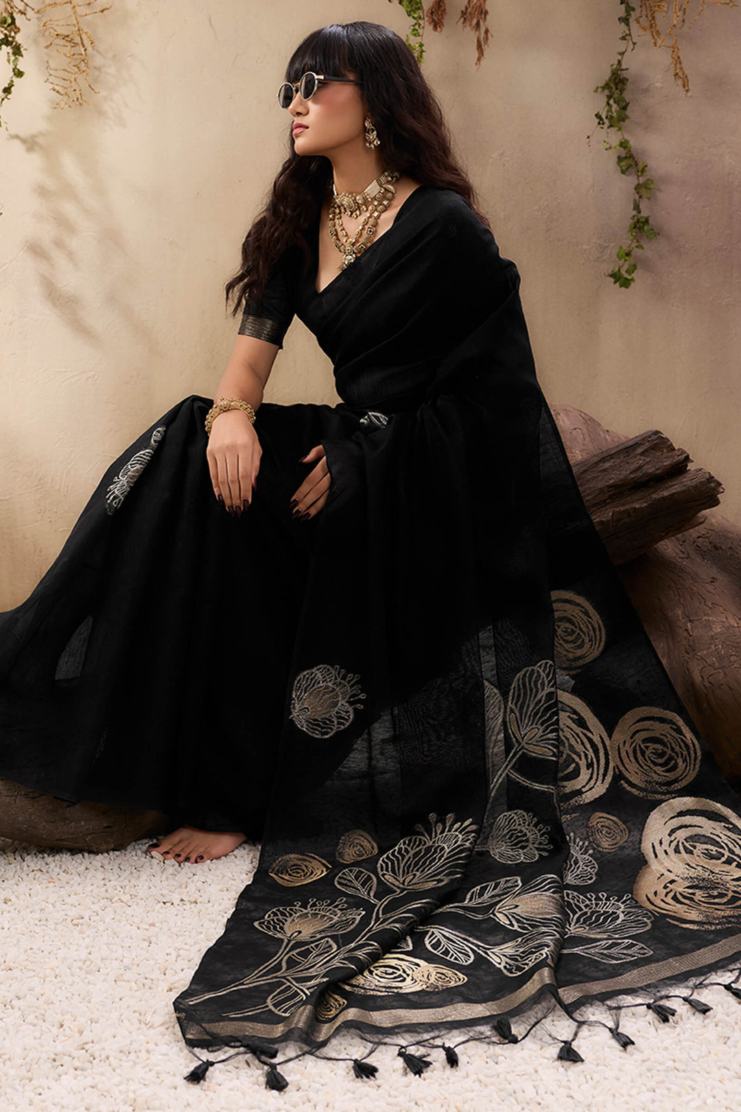 Smoky Black Munga Silk Saree
