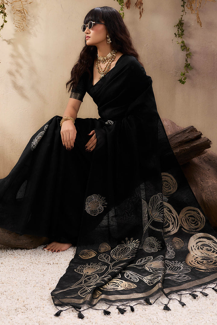 Smoky Black Munga Silk Saree