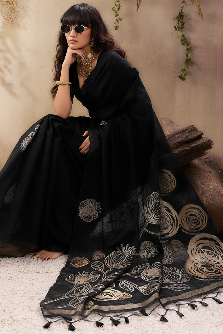 Smoky Black Munga Silk Saree