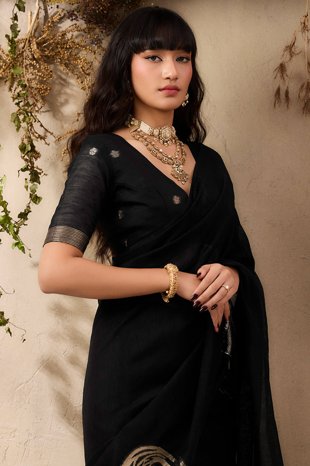 Smoky Black Munga Silk Saree
