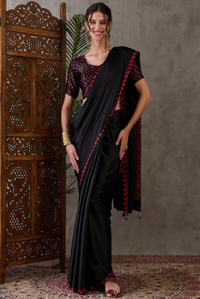 Smoky Black Printed Satin Silk Saree