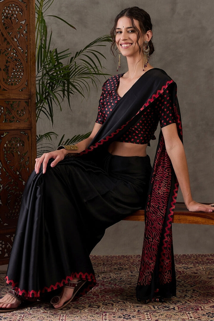 Smoky Black Printed Satin Silk Saree