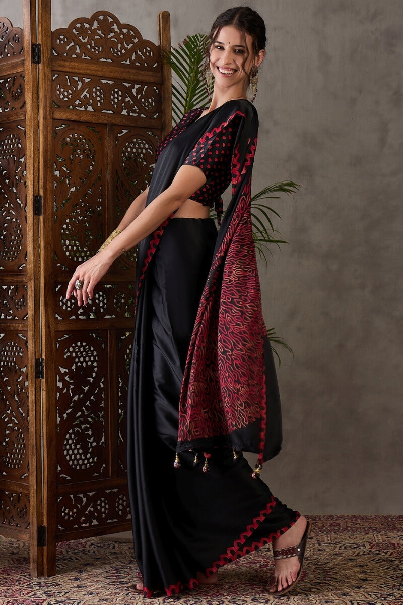 Smoky Black Printed Satin Silk Saree