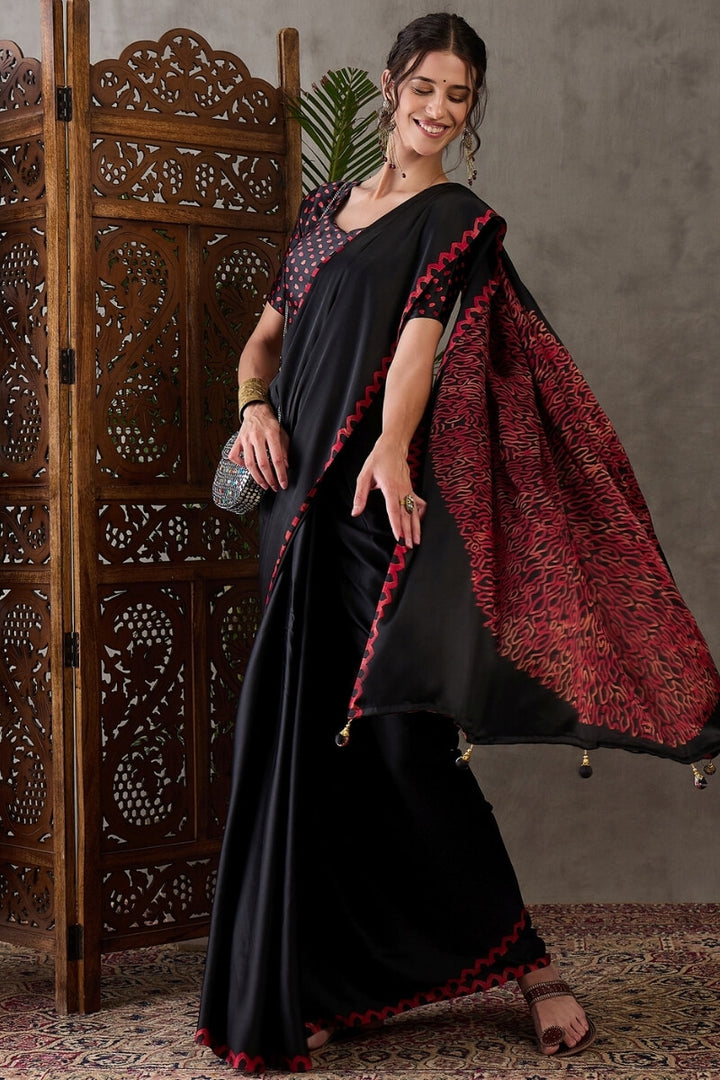 Smoky Black Printed Satin Silk Saree
