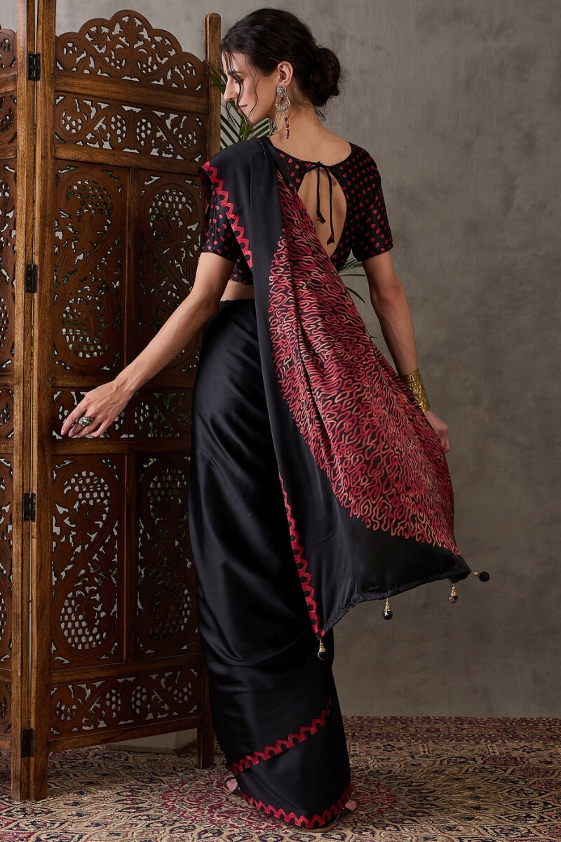 Smoky Black Printed Satin Silk Saree