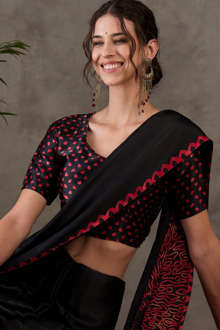 Smoky Black Printed Satin Silk Saree