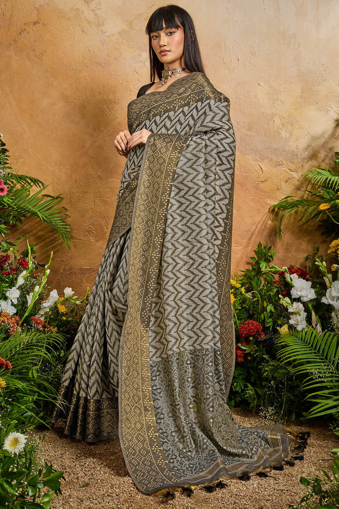 Smoky Black Viscose Cotton Patola Silk Saree