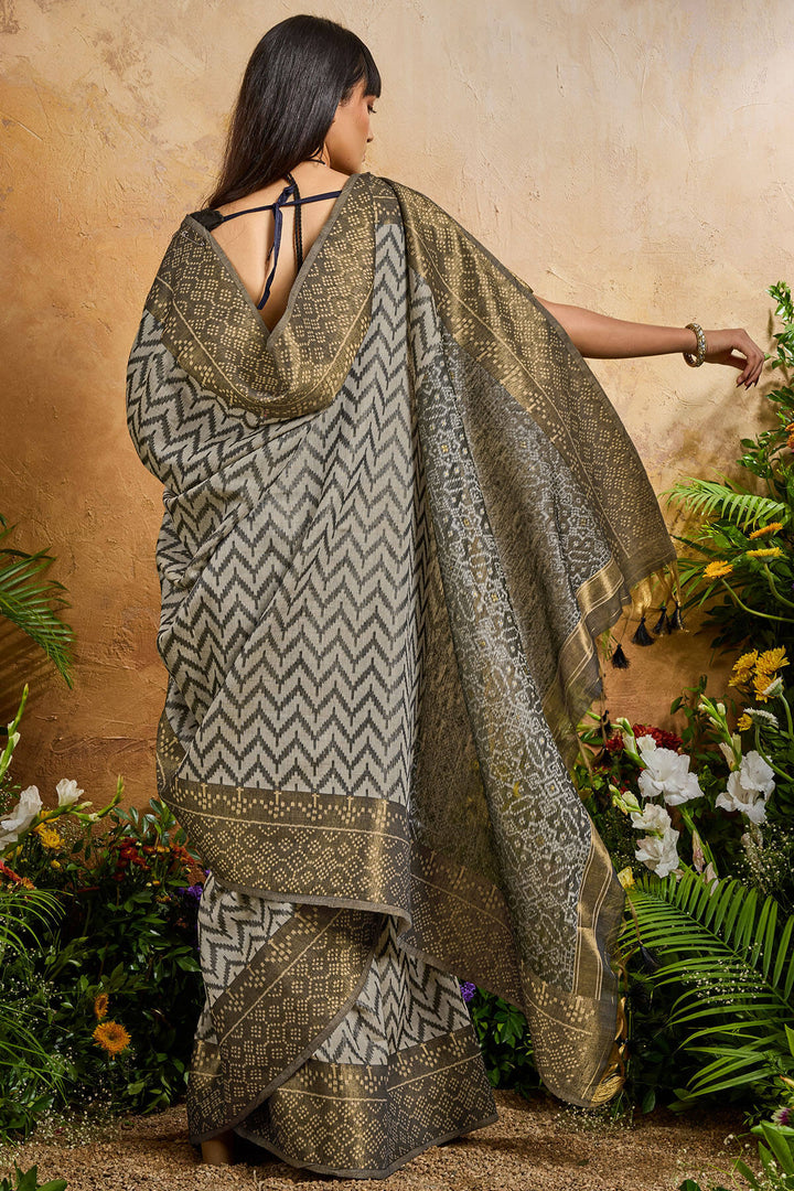 Smoky Black Viscose Cotton Patola Silk Saree