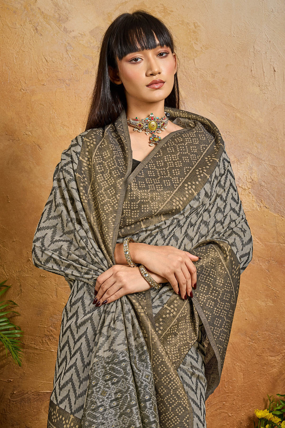 Smoky Black Viscose Cotton Patola Silk Saree