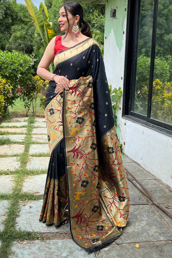 Smoky Black Zari Woven Paithani Silk Saree