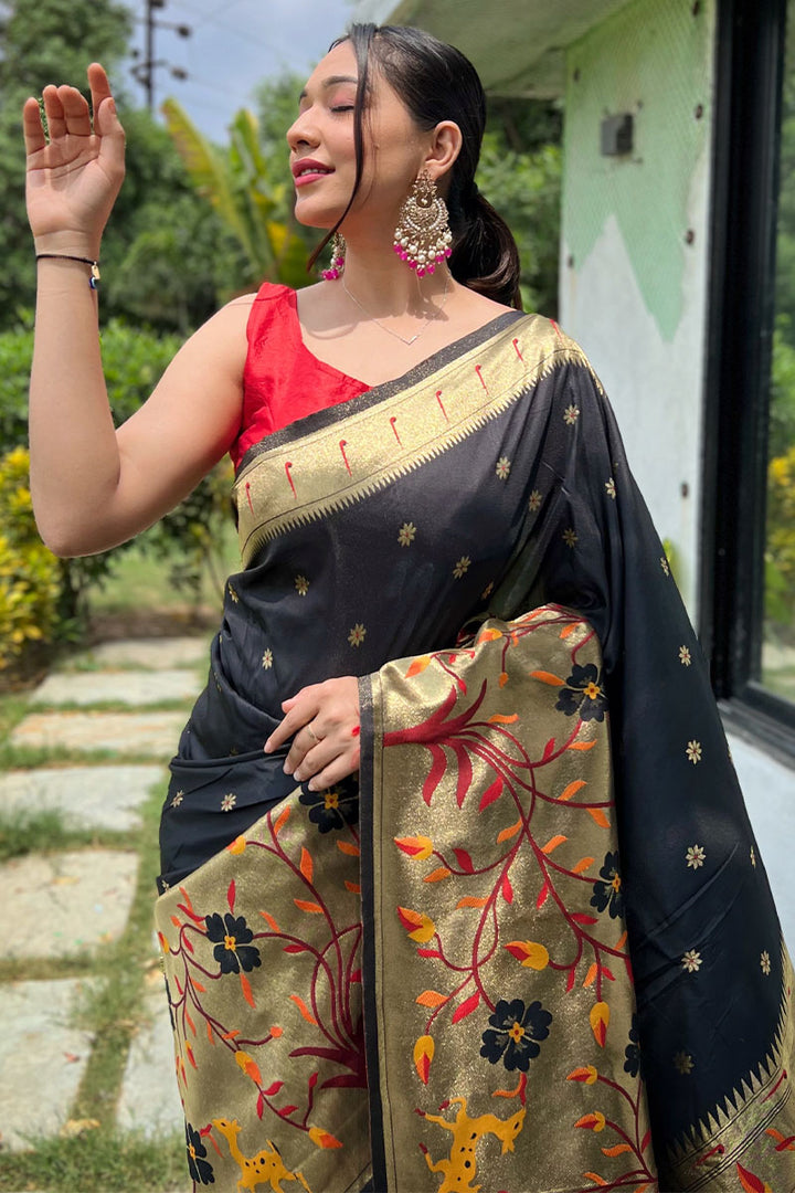 Smoky Black Zari Woven Paithani Silk Saree