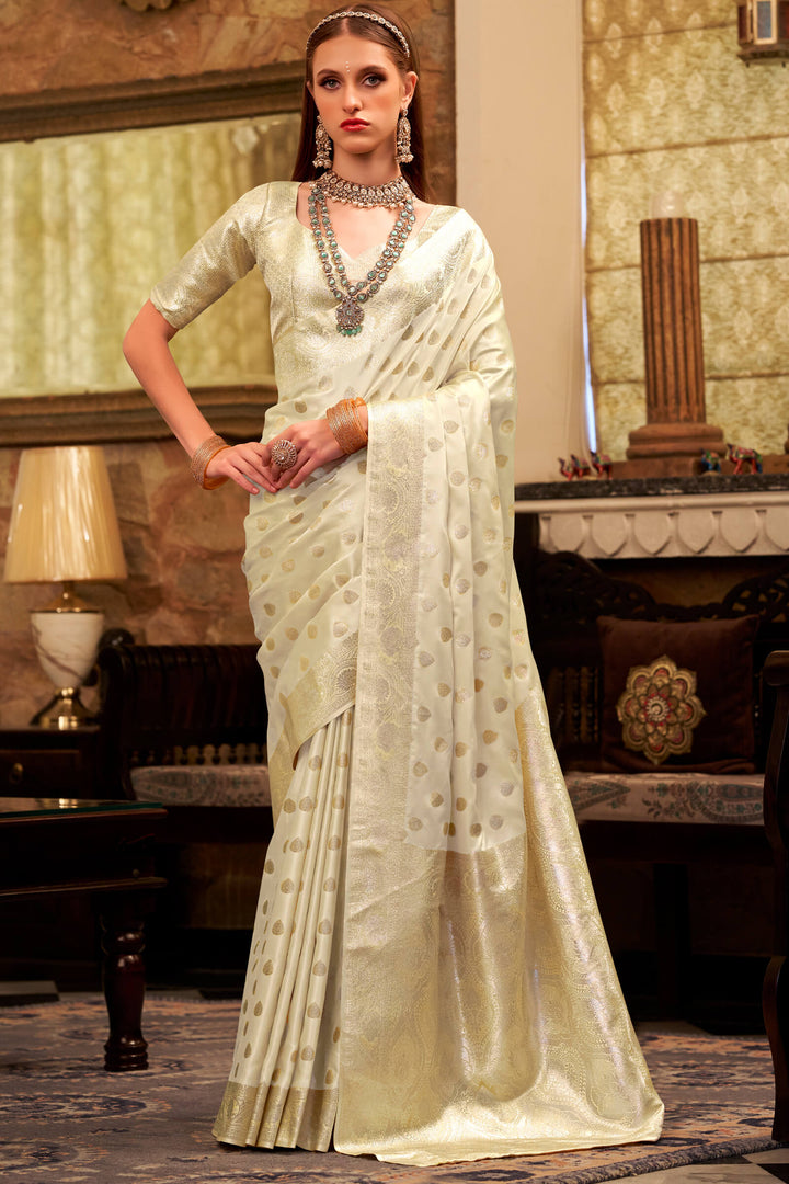 Soft Beige Yellow Banarasi Satin Silk Saree