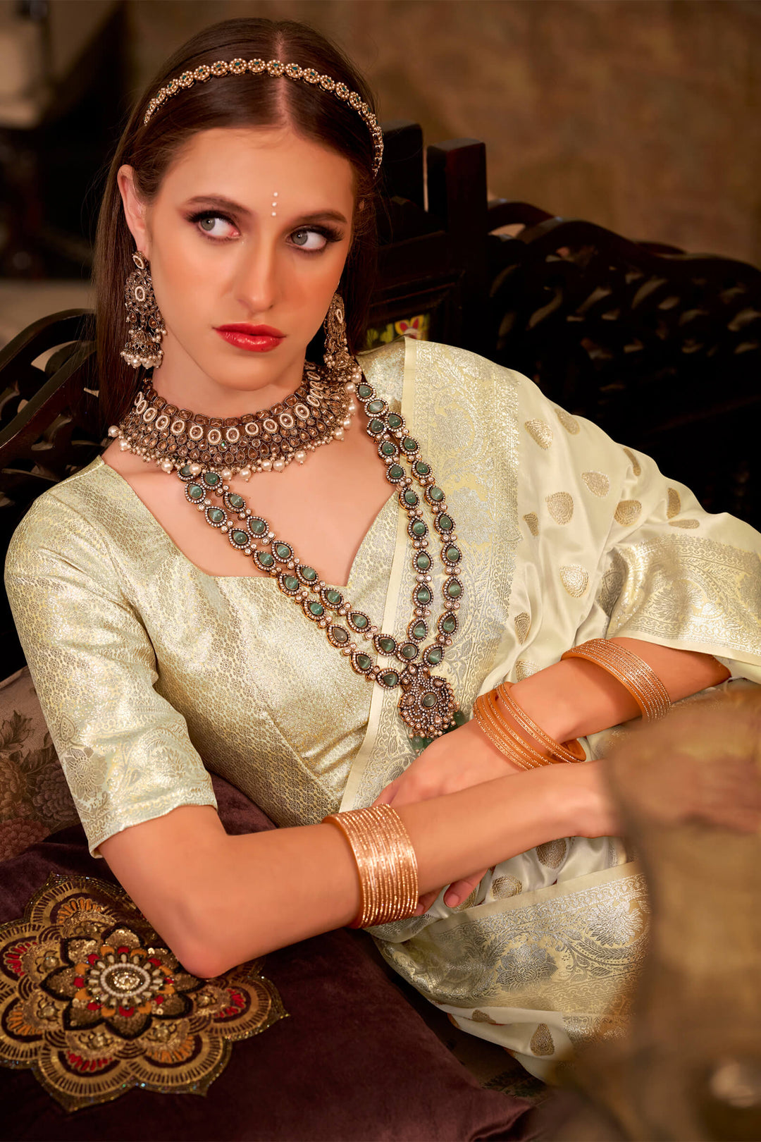 Soft Beige Yellow Banarasi Satin Silk Saree