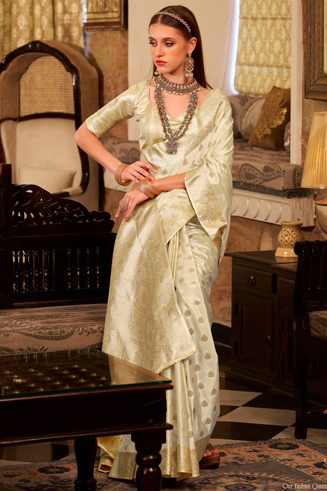 Soft Beige Yellow Banarasi Satin Silk Saree