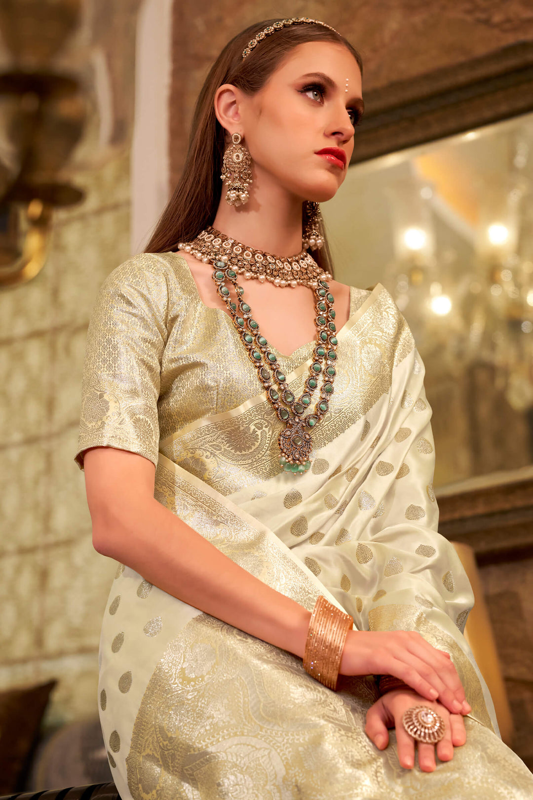 Soft Beige Yellow Banarasi Satin Silk Saree
