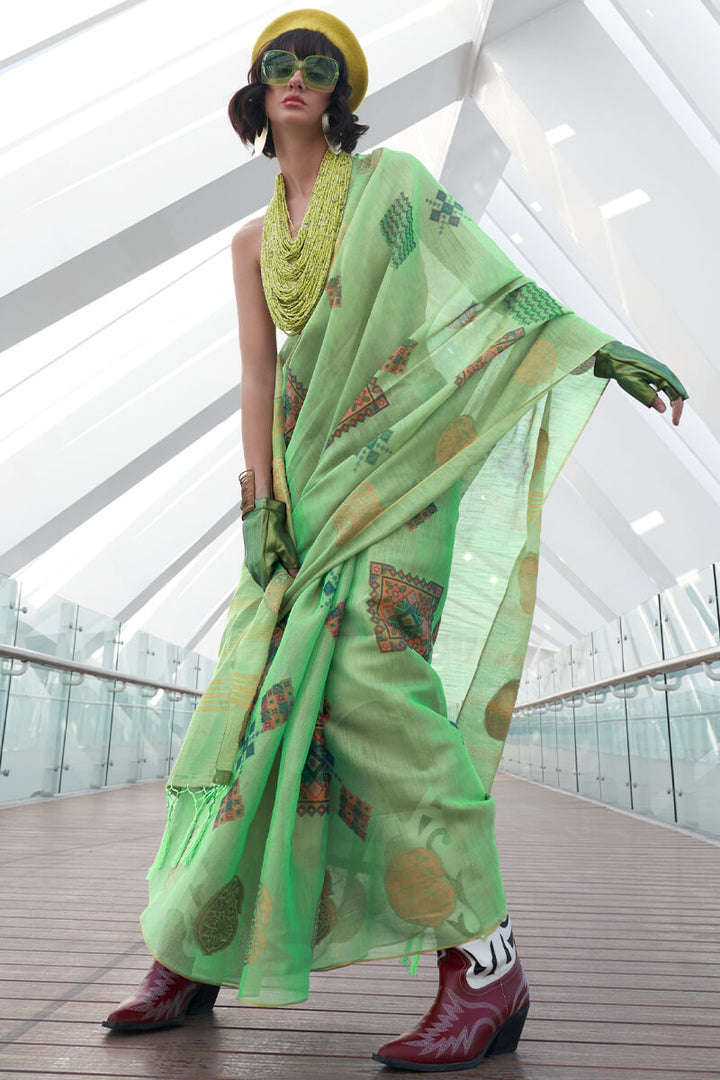 Soft Green Zari Woven Printed Tissue Silk Saree