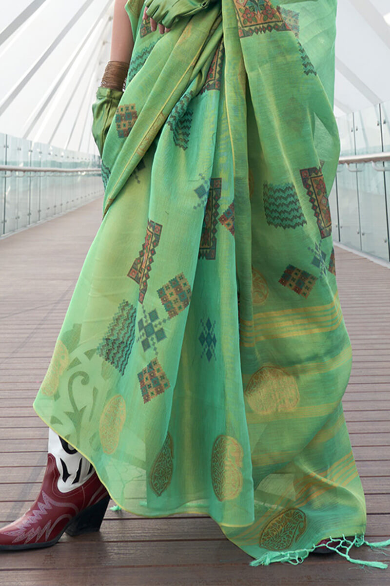 Soft Green Zari Woven Printed Tissue Silk Saree